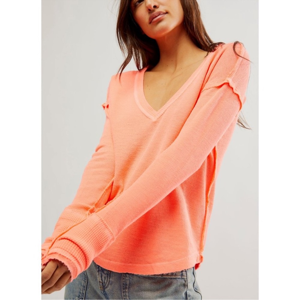Free People Sail Away Solid Long Sleeve Tee - Fluorescent Coral